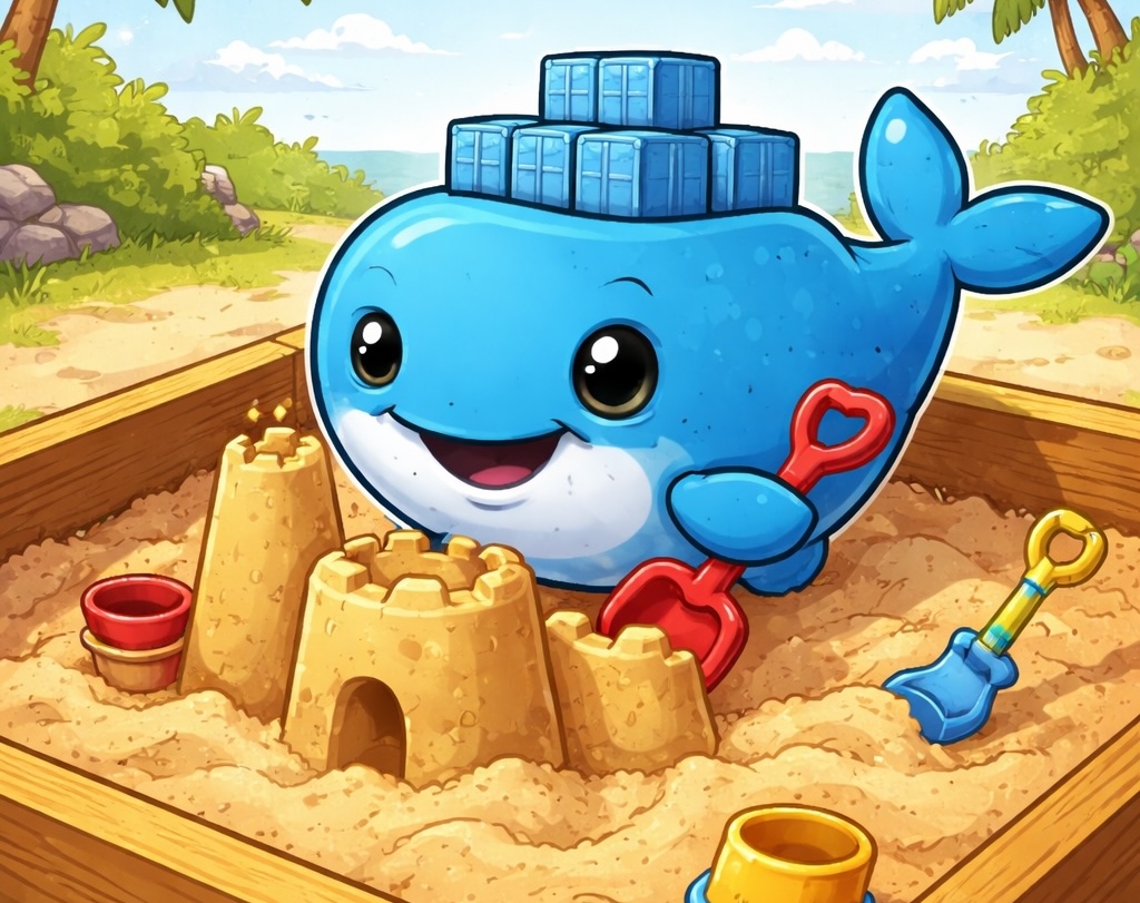 Docker whale playing in a sandbox